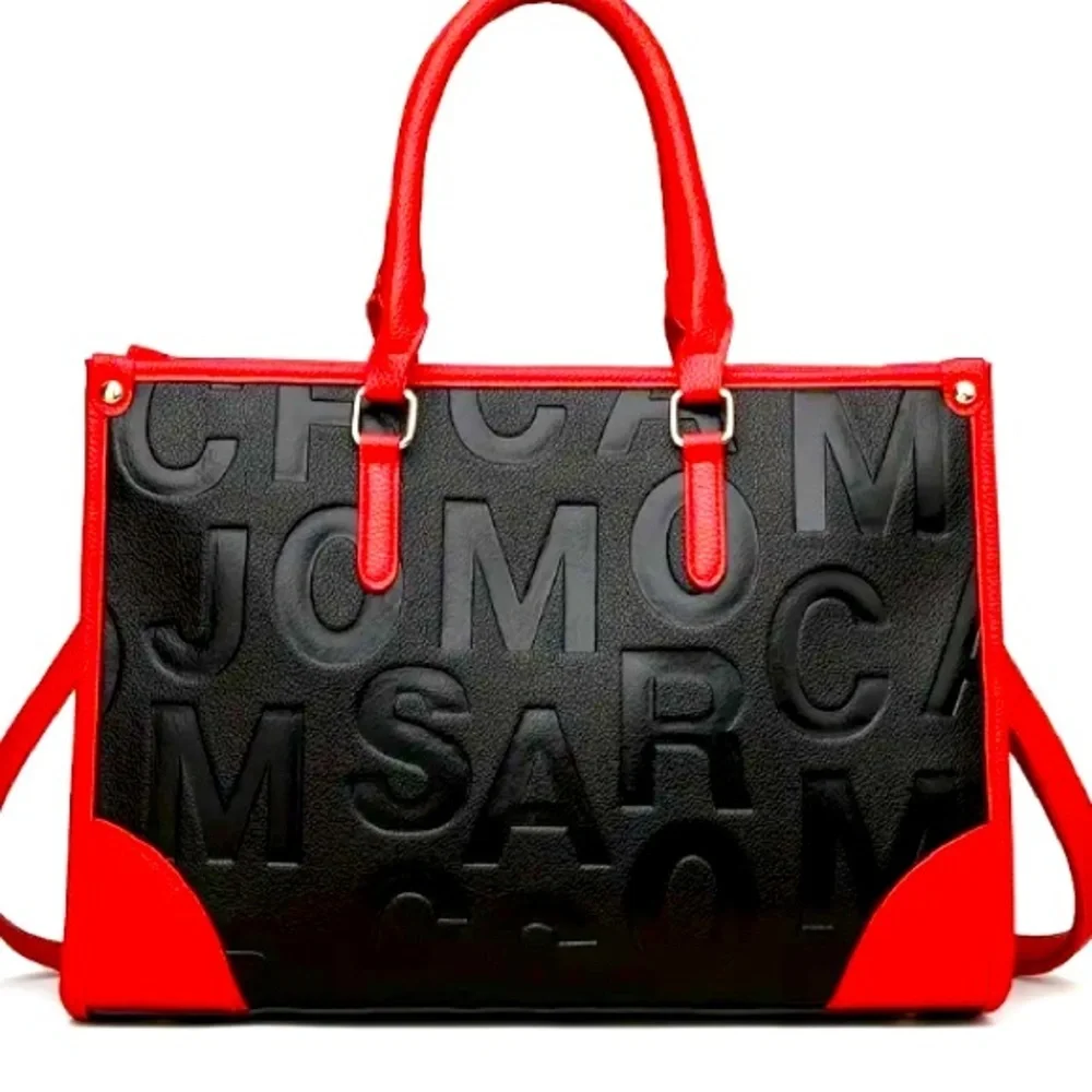 PURSE: Black/Red Geometric Embossed Lettering & Painted Edging Tote, NWOT